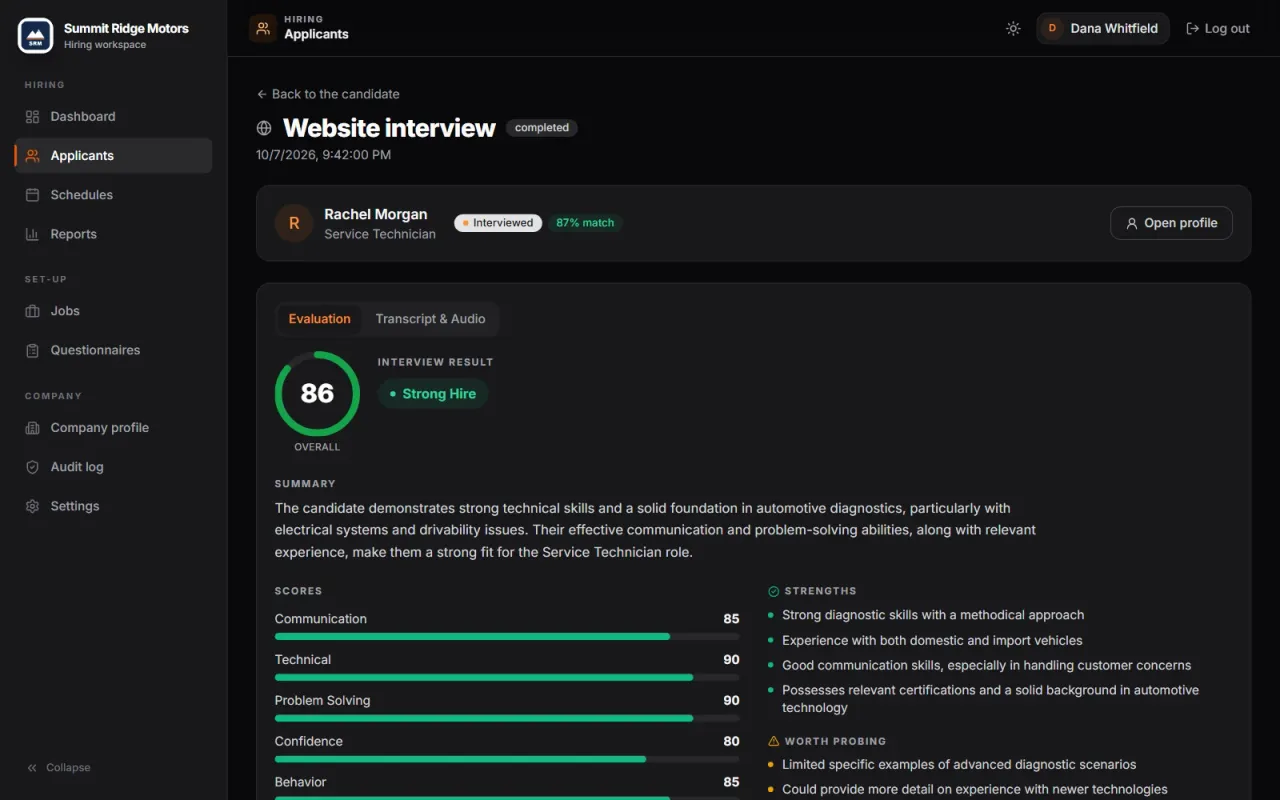 Cenivoz manager view of one finished interview: an overall score of 86, a Strong Hire recommendation, five sub-scores and notes on strengths